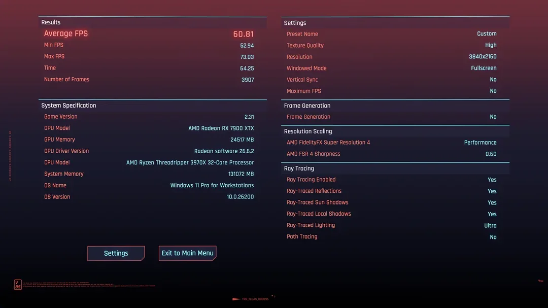 A benchmark result screen shows an average FPS of 60.81 for the game version 2.31 running on an AMD Radeon RX 7900 XTX GPU, paired with an AMD Ryzen Threadripper 3970X 32-core processor, with ray tracing enabled and resolution set to 3840x2160.