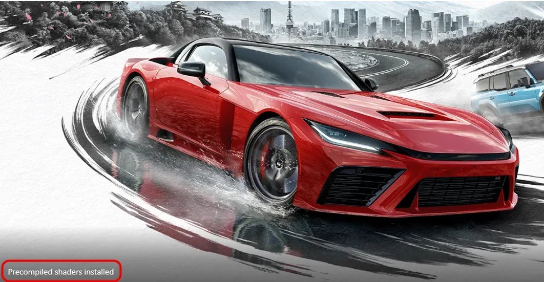 A red sports car skidding on a race track with the on-screen text 'Precompiled shaders installed' at the bottom left.