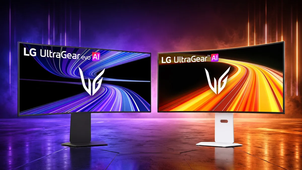 Two LG UltraGear evo AI monitors are displayed side by side, showcasing vibrant blue and orange swirling patterns on their screens.
