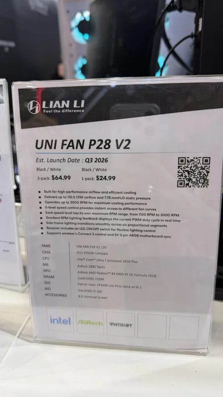 A display showcasing the Lian Li 'UNI FAN P28 V2' with launch details and specifications, including prices for a 3-pack ($64.99) and 1-pack ($24.99), alongside logos of Intel, ASRock, and Patriot.