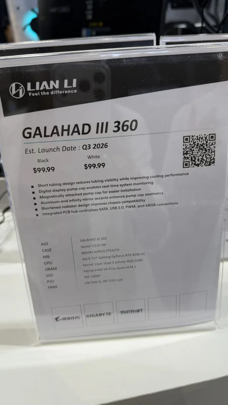 A display showcases the Lian Li 'GALAHAD III 360' with an estimated launch date of Q3 2026, priced at $99.99 in both black and white.