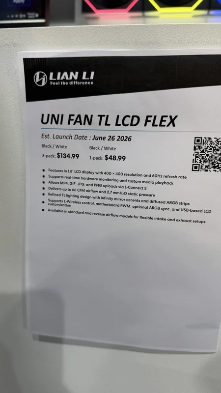 A Lian Li product flyer details the UNI FAN TL LCD FLEX launching on June 26, 2026, featuring a 1.8-inch LCD display with 400x400 resolution and a price of $134.99 for a 3-pack.