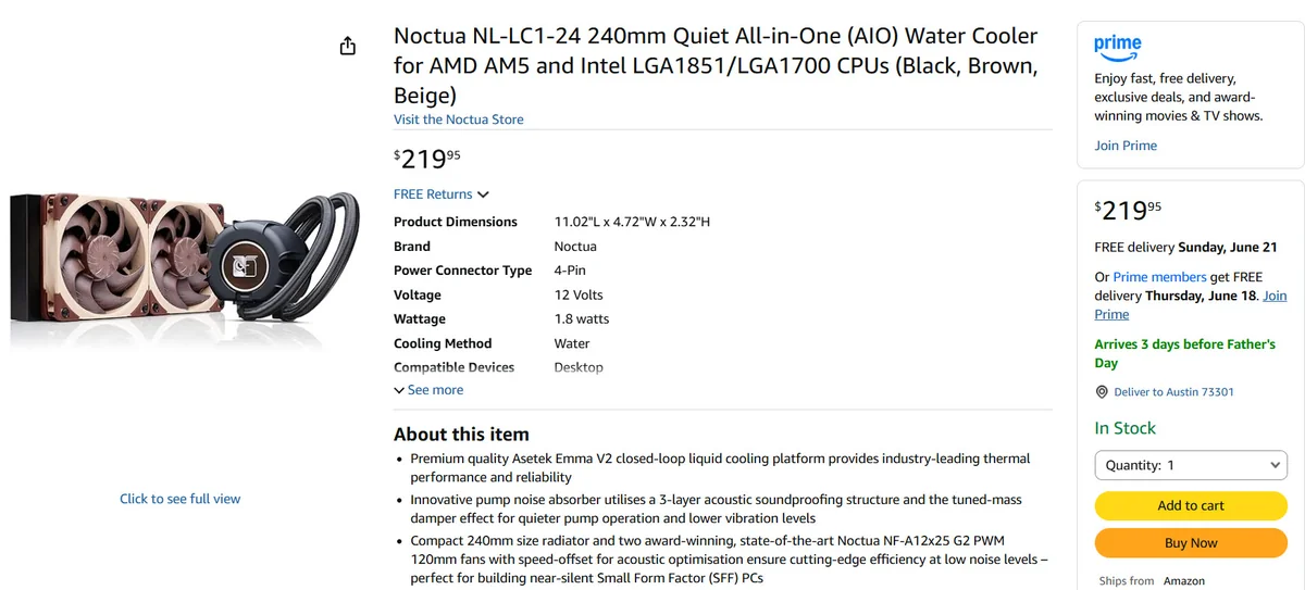 The image shows a Noctua NL-LC1-24 240mm Quiet All-in-One (AIO) Water Cooler with dual fans, compatible with AMD AM5 and Intel LGA1851/LGA1700 CPUs, displayed on an Amazon webpage with a price of $219.95.