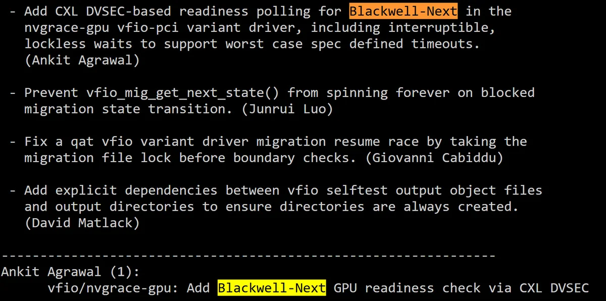 A list of technical notes highlights 'Blackwell-Next' concerning CXL DVSEC-based readiness polling for Vfio-pci variant drivers.