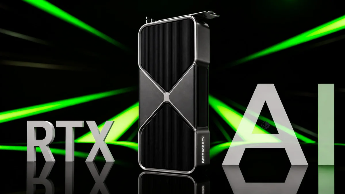 The GeForce RTX graphics card is displayed between large letters 'RTX' and 'AI' with green light beams in the background.