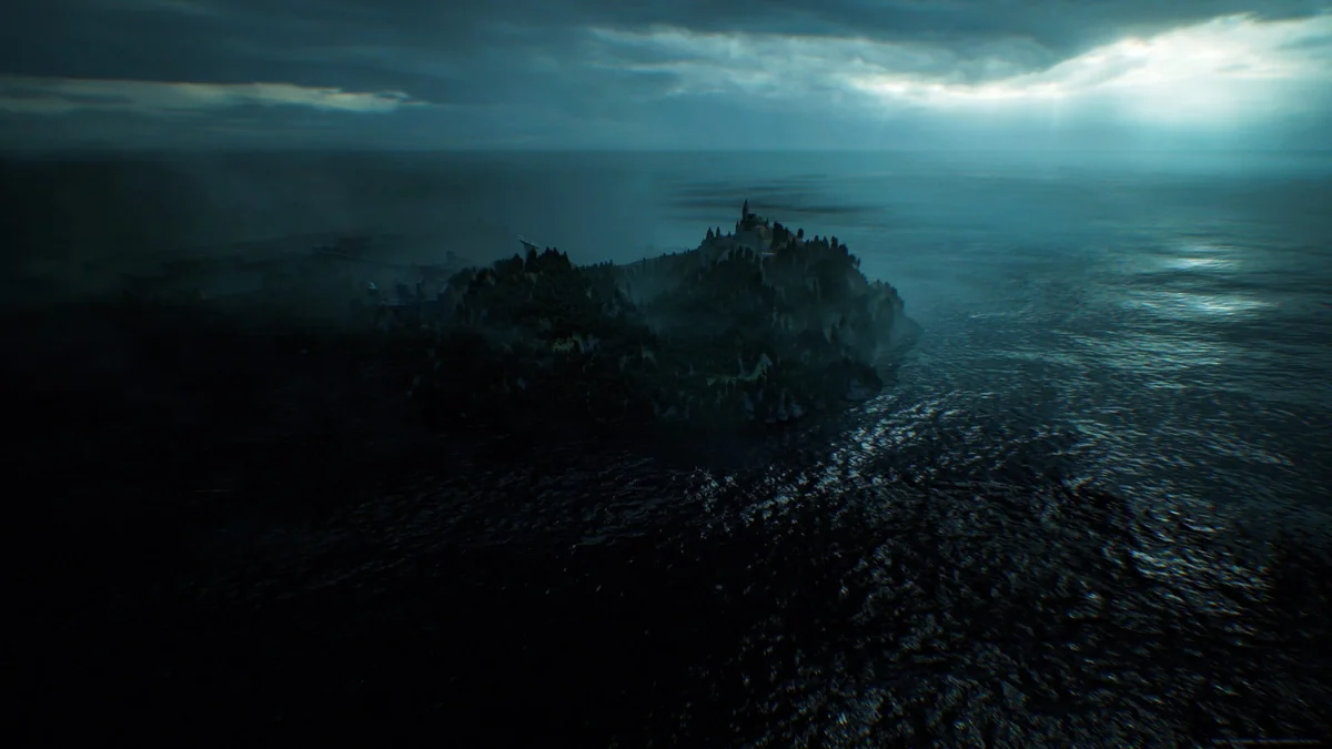 A stormy sea surrounds a dark, mist-covered island with a castle-like structure, under a cloudy sky with rays of light breaking through.