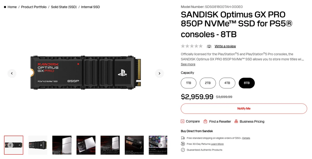 The SanDisk Optimus GX PRO 850P NVMe SSD for PS5 consoles is shown with a capacity of 8TB and priced at $2,959.99.