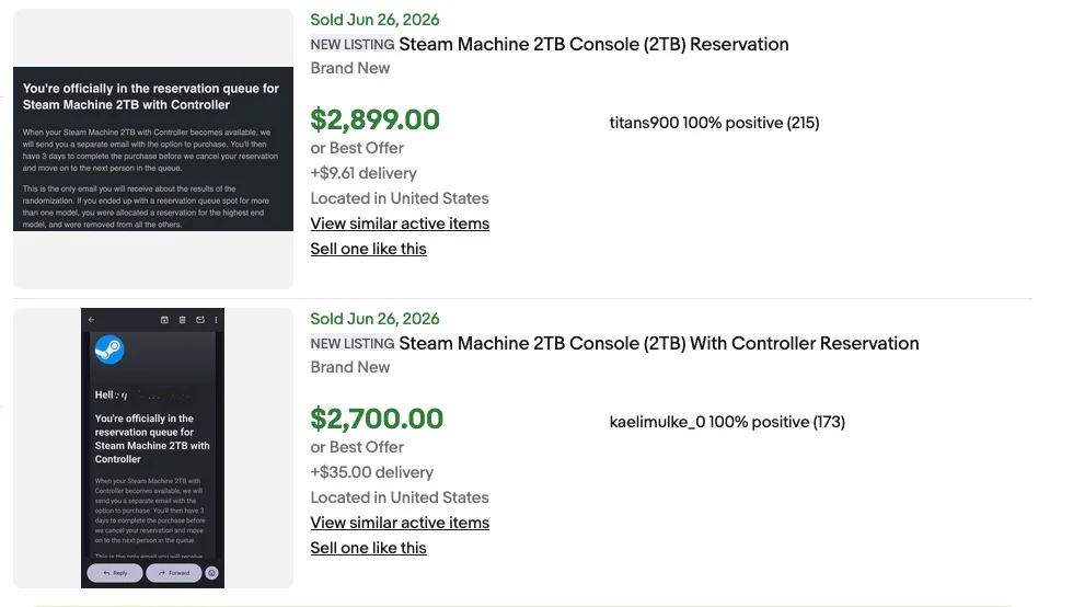 An eBay listing for a Steam Machine 2TB Console (2TB) Reservation shows a sale price of $2,899.00 with a reservation email stating 'You're officially in the reservation queue for Steam Machine 2TB with Controller.'