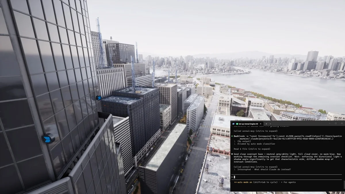 A cityscape rendering in Unreal Engine with code and editor menu visible at the bottom right of the screen.