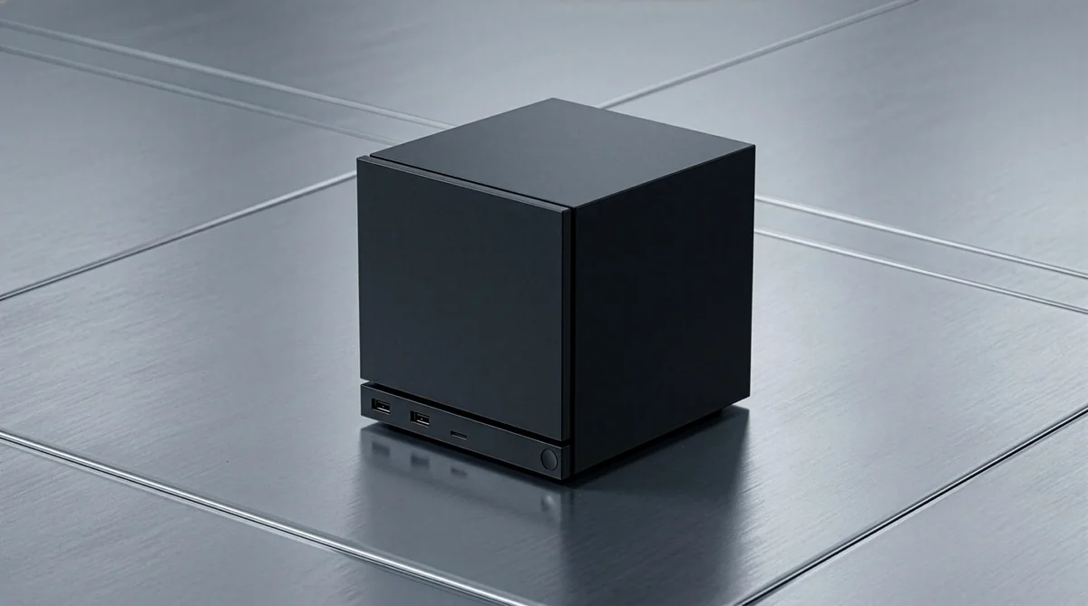 A Steam Machine device with multiple ports is placed on a metallic surface.
