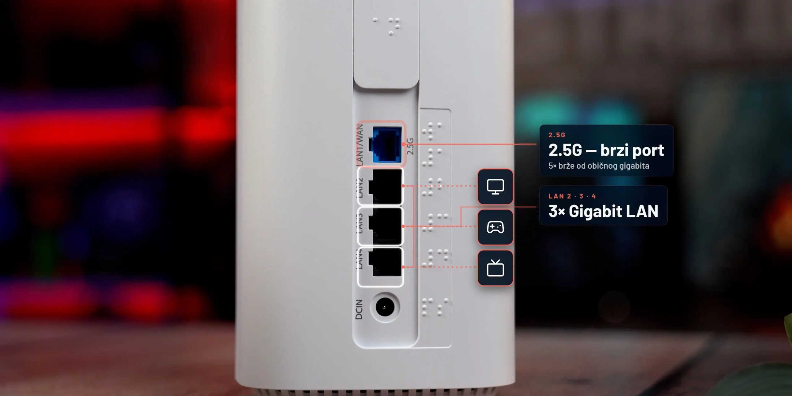 ASUS 4G-BE58 portovi 2.5G i gigabit, TS-9 konektori za antene