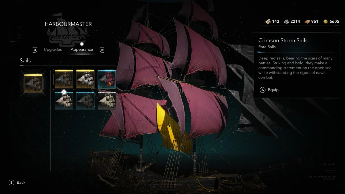 The image shows a video game menu from the Harbourmaster interface selecting 'Crimson Storm Sails,' with visuals of deep red sails, and options like Equipped denoting these rare sails in a ship customization screen.