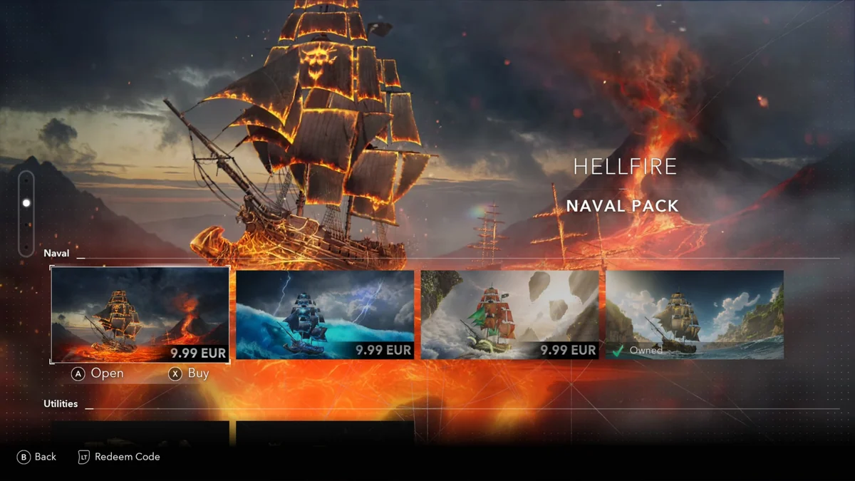 A game menu screen displaying the 'HELLFIRE NAVAL PACK' with options to buy different themed ship packs for '9.99 EUR' and one labeled as 'Owned'.