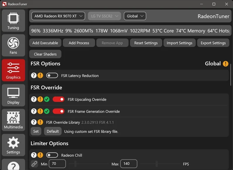 A RadeonTuner application interface displays settings for an AMD Radeon RX 9070 XT, with options for 'FSR Latency Reduction' and 'FSR Upscaling Override' under the Graphics section.