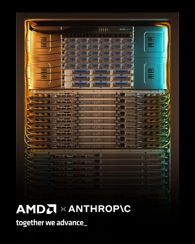 A rack of servers featuring AMD components is shown, with logos for AMD and Anthropic, accompanied by the text 'together we advance_'.