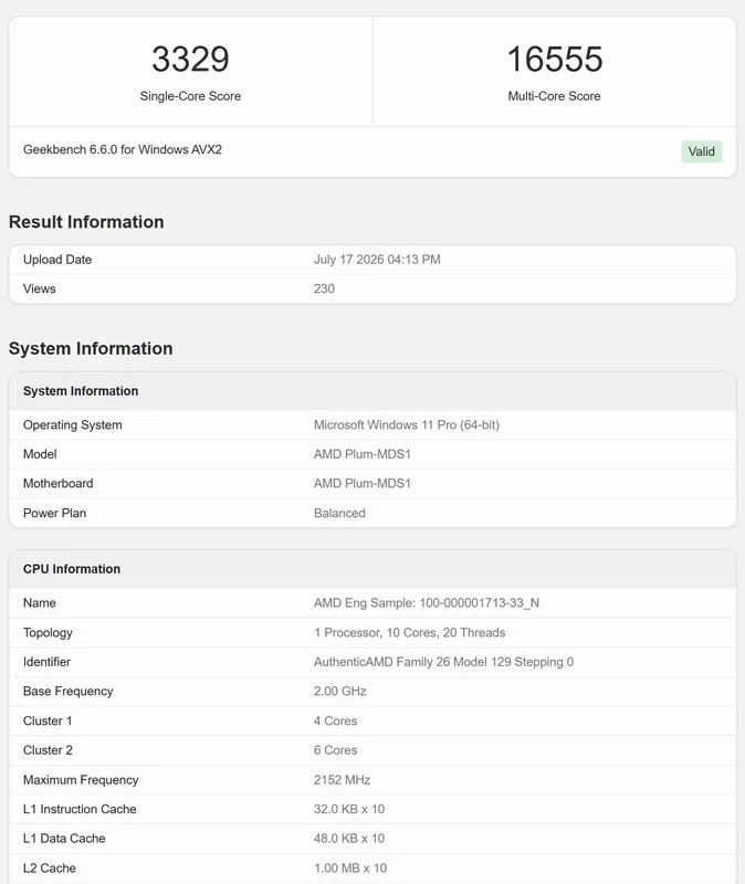 A Geekbench 6.6.0 score display shows an AMD Plum-MDS1 achieving a 'Single-Core Score' of 3329 and a 'Multi-Core Score' of 16555 on Microsoft Windows 11 Pro (64-bit).