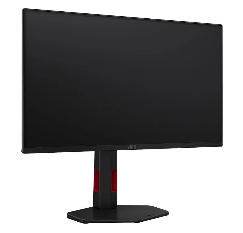 An AOC gaming monitor with a slim bezel and adjustable stand, featuring red accents on the base and stand.