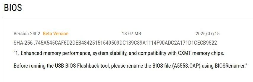 A BIOS update screen for version 2402 marked as 'Beta Version' highlights enhanced memory performance, system stability, and compatibility with CXMT memory chips, with a file size of 18.07 MB and a release date of 2026/07/15.