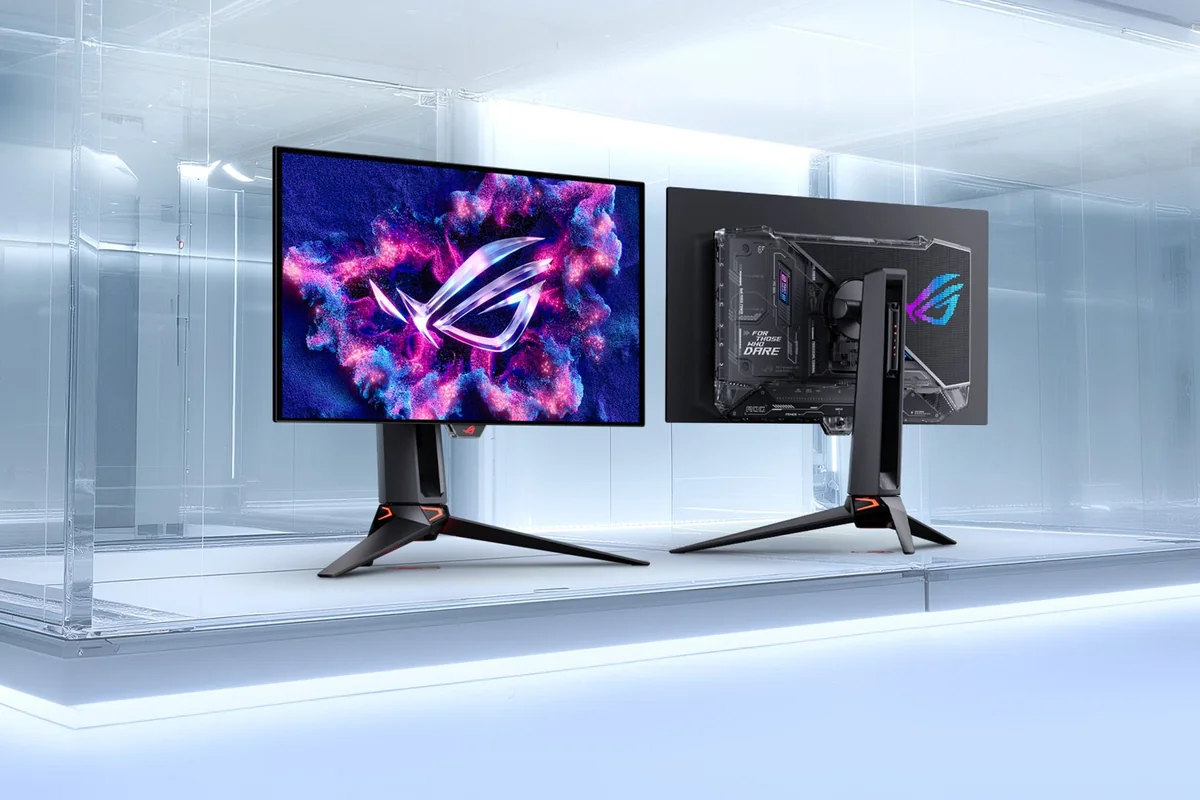 Two ASUS ROG gaming monitors positioned side by side, showcasing vibrant colors and the ROG logo on the screens and back panel.