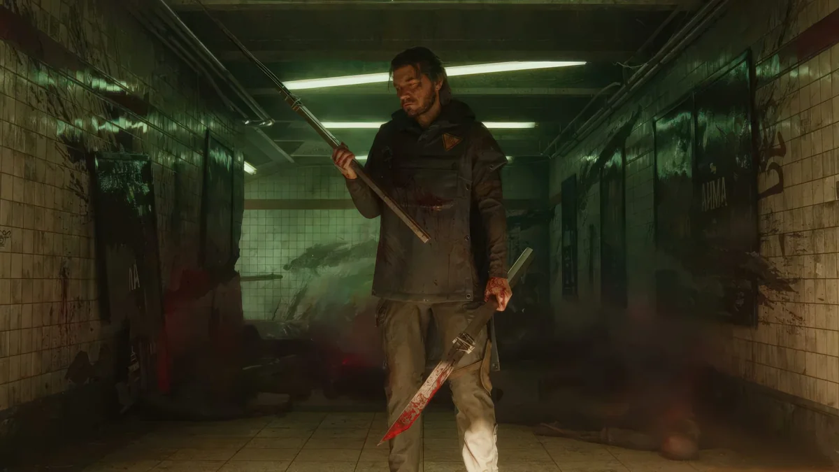 Jesse Faden in a dim, gritty corridor holding a bloodied sword and a spear, with posters on the walls displaying 'ANIMA', in the game Control Resonant.