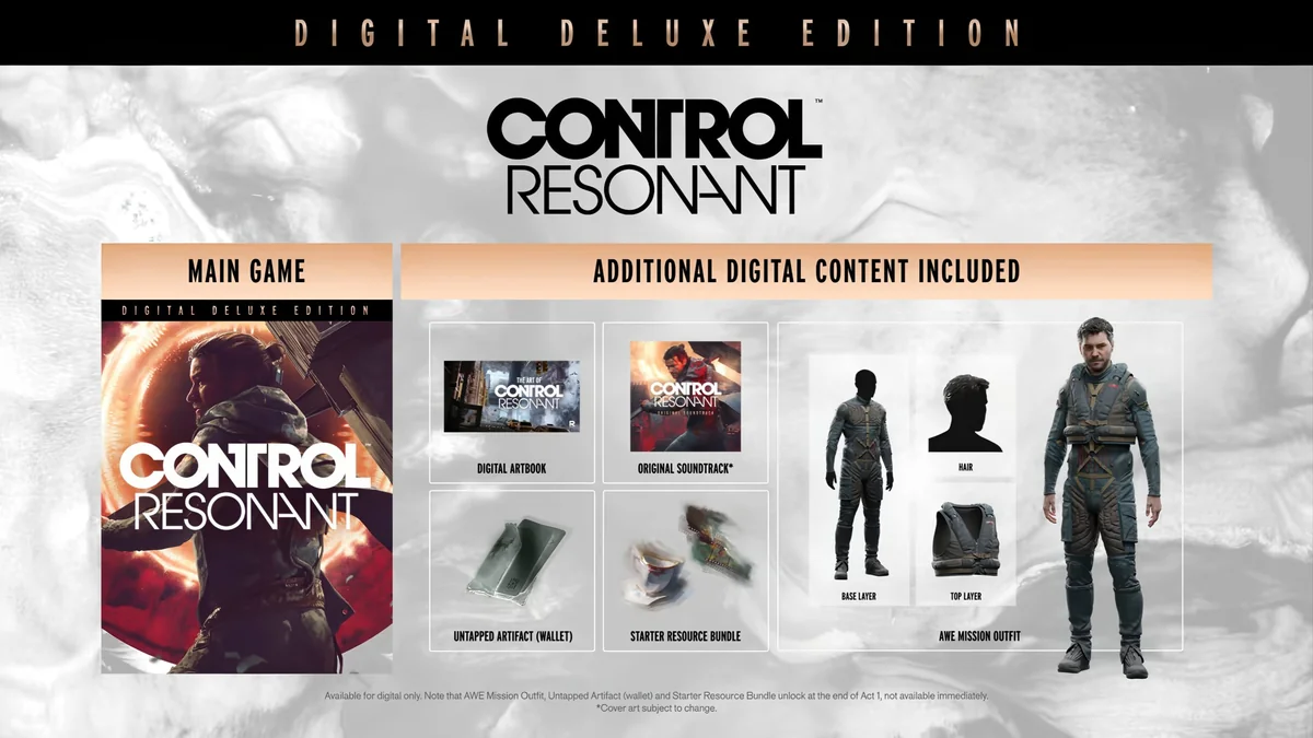 The image shows the 'Control Resonant Digital Deluxe Edition' featuring the main game and additional digital content such as a digital artbook, original soundtrack, untapped artifact (wallet), starter resource bundle, AWE mission outfit, base layer, top layer, and hair.