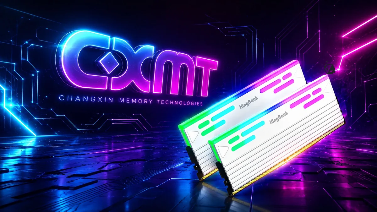 Two RGB-lit KingBank RAM modules are displayed in front of a neon-lit background featuring the 'CXMT ChangXin Memory Technologies' logo.