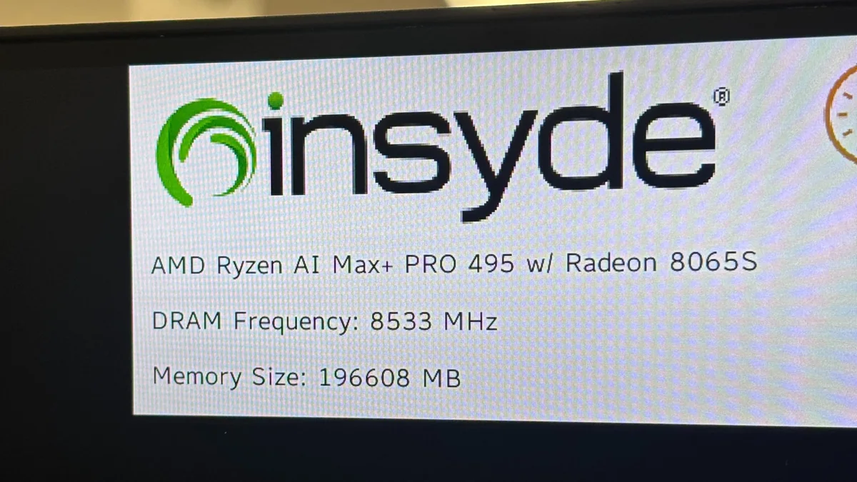 The screen displays 'insyde' with specifications including AMD Ryzen AI Max+ PRO 495 with Radeon 8065S, DRAM Frequency: 8533 MHz, and Memory Size: 196608 MB.