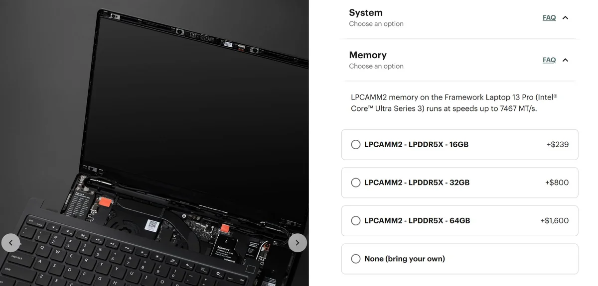 A Framework Laptop 13 Pro with its keyboard open is shown alongside options for 'LPCAMM2 - LPDDR5X' memory configurations, including 16GB, 32GB, and 64GB choices, with maximum speeds of 7467 MT/s.