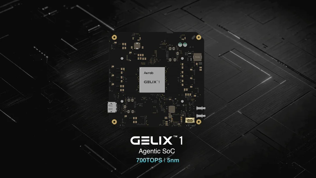 The image shows the Aerab GELIX 1 Agentic SoC with '700TOPS | 5nm' specifications on a black background.