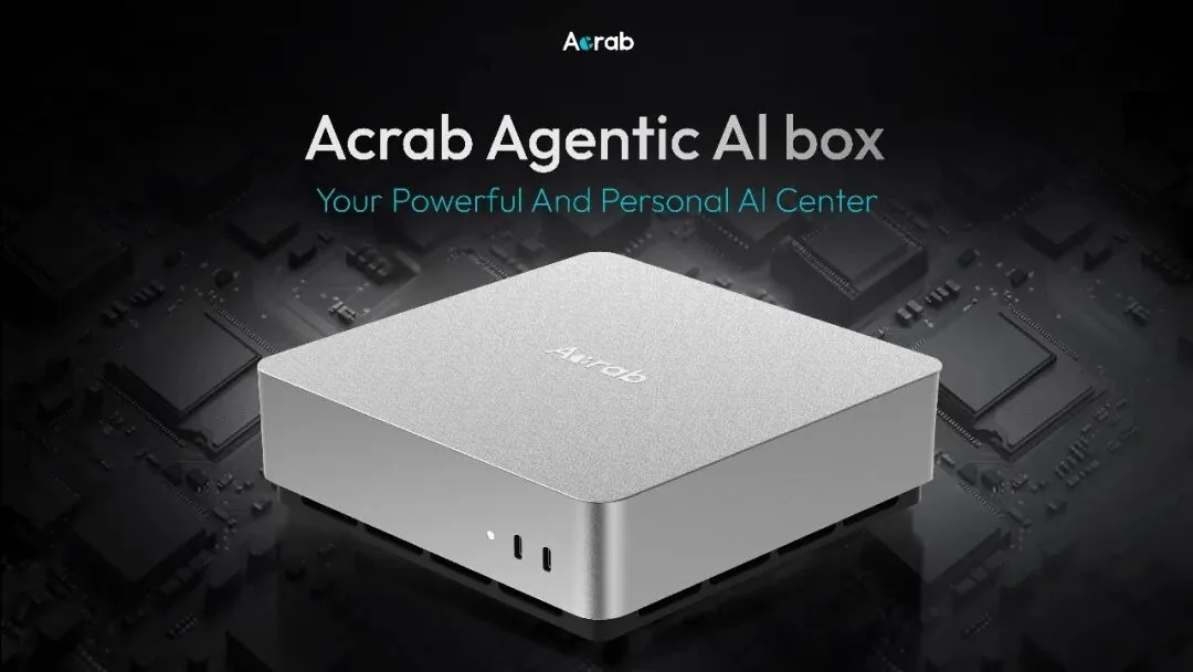 The image shows an Acrab Agentic AI Box labeled as 'Your Powerful And Personal AI Center' on a background featuring circuit patterns.