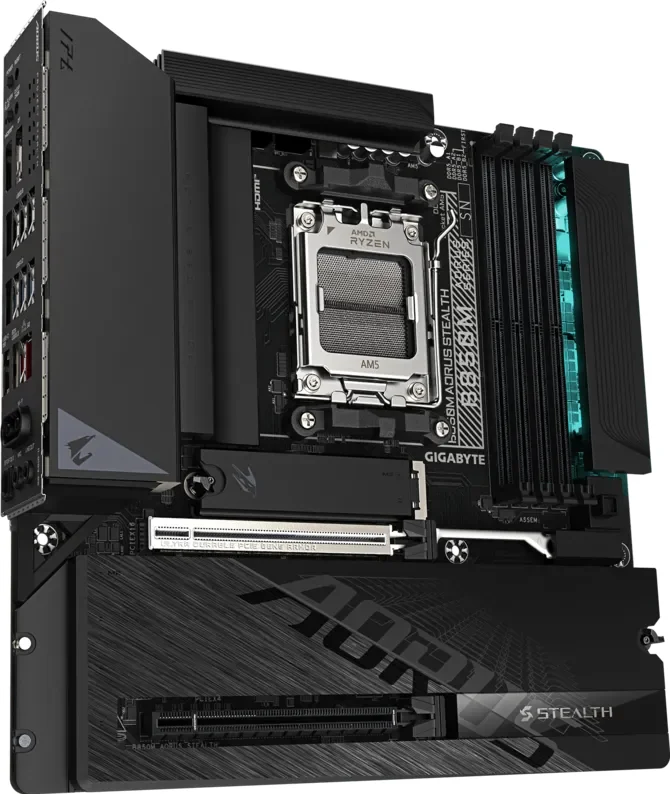 A Gigabyte Aorus Z690 motherboard with AMD Ryzen socket, featuring 'SOFTWARE CONTROLLED RGB LIGHTING' text and visible PCIe slots.