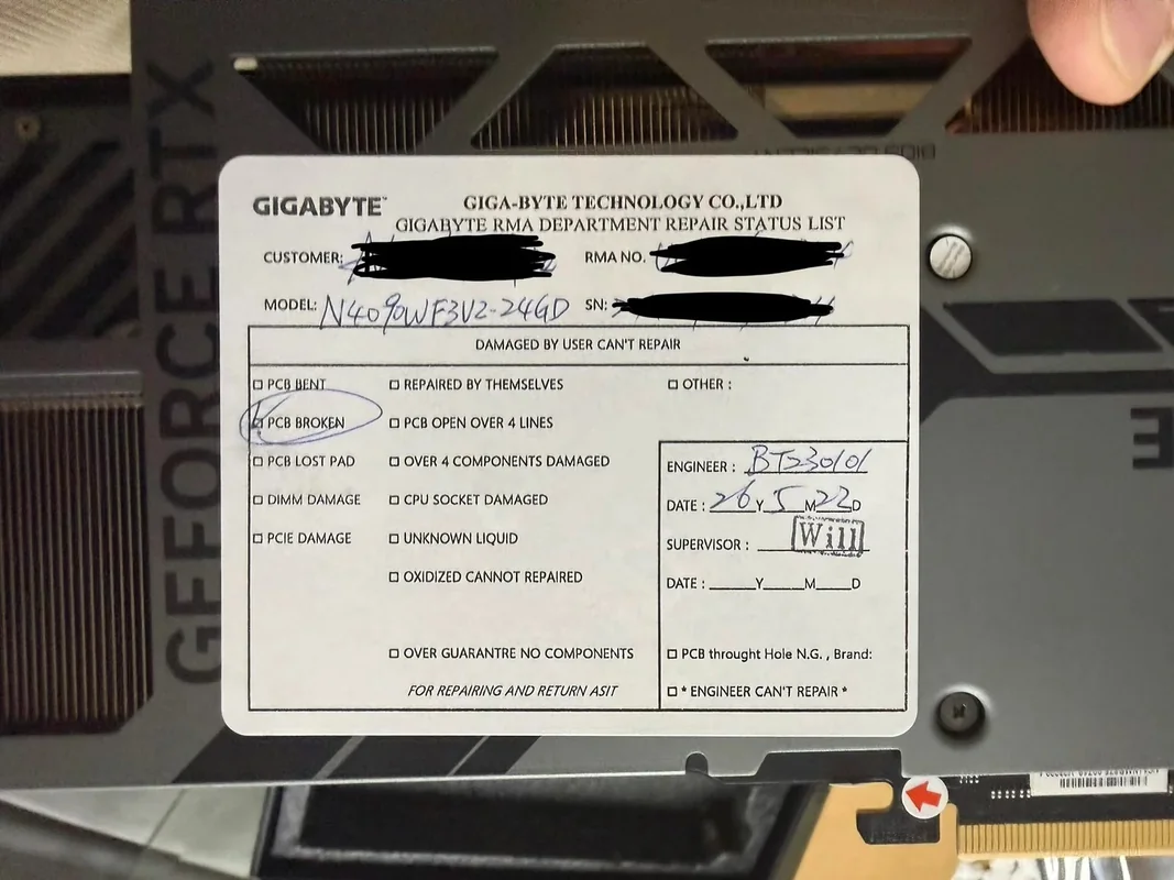 A Gigabyte graphics card with a repair status sheet marking 'PCB BROKEN' for model N4090WF3V2-24GD is visible.