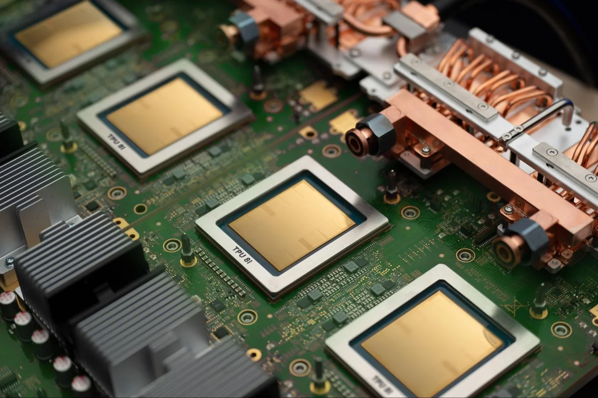A close-up of a circuit board showing multiple 'TPU v4' chips with cooling components attached.