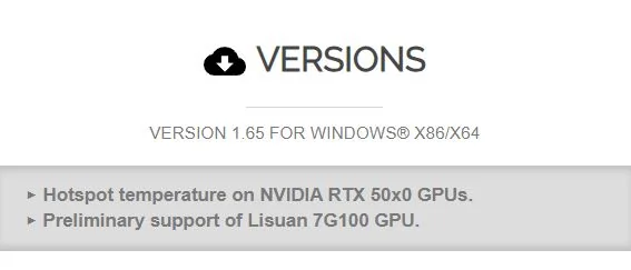 The image shows software version 1.65 for Windows x86/x64, highlighting hotspot temperature support for NVIDIA RTX 50x0 GPUs and preliminary support for Lisuan 7G100 GPU.