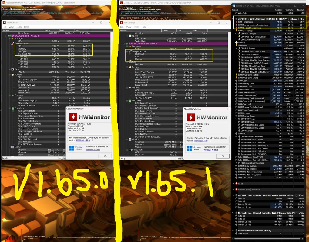Two HWMonitor applications display NVIDIA GeForce RTX 5600 XT temperatures and voltages, with versions 'V1.65.0' and 'V1.65.1' labeled below.