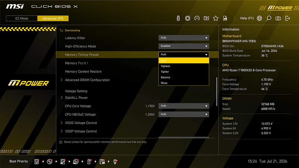 The MSI Click BIOS X interface shows memory and voltage settings with details of a B650 M-POWER motherboard and an AMD Ryzen 7 9800X3D 8-Core Processor running at 4.70 GHz.