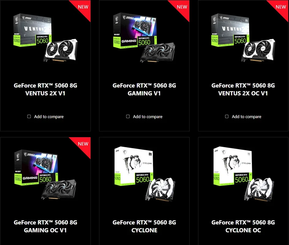 A grid showcasing various MSI GeForce RTX 5060 graphics card models: 'VENTUS 2X V1', 'GAMING V1', 'VENTUS 2X OC V1', 'GAMING OC V1', 'CYCLONE', and 'CYCLONE OC', each with a product image labeled 'NEW'.
