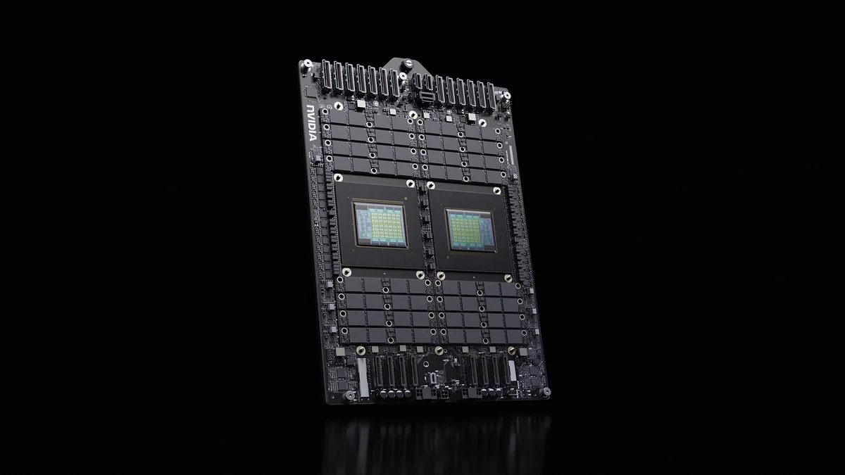 A dual-chip NVIDIA circuit board is displayed with a visible NVIDIA logo on a black background.