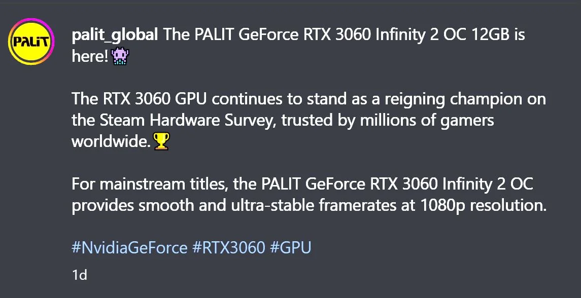A graphic post by palit_global announces The PALIT GeForce RTX 3060 Infinity 2 OC 12GB with text highlighting its popularity on the Steam Hardware Survey and performance in mainstream titles at 1080p resolution.