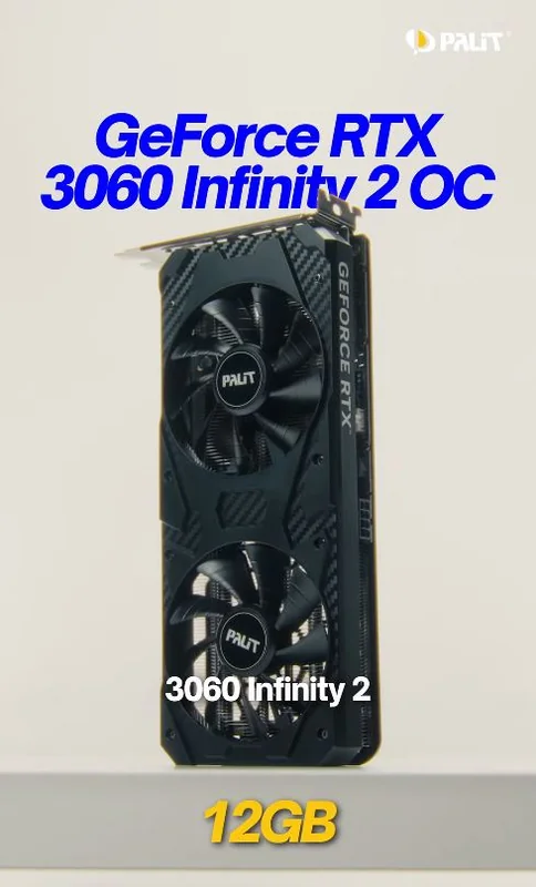 A Palit GeForce RTX 3060 Infinity 2 OC graphics card with '12GB' memory is prominently displayed.