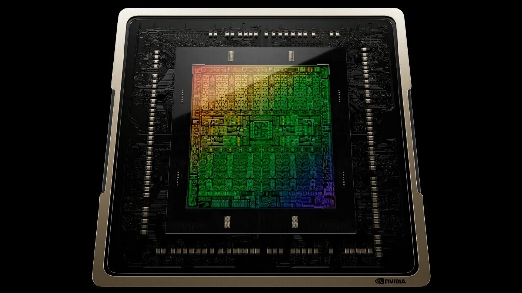A close-up of an NVIDIA semiconductor with a rainbow gradient pattern design.