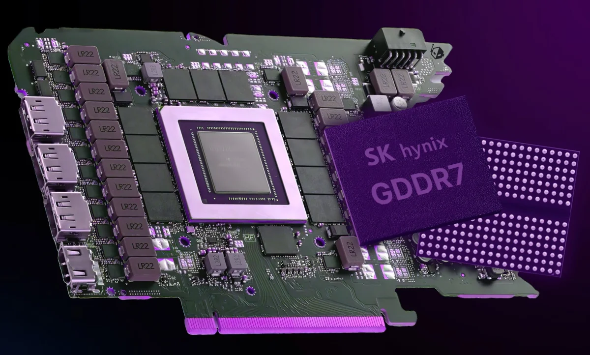 A graphics card showcasing an SK hynix GDDR7 memory chip, surrounded by multiple LR22 components and various ports on the edge.