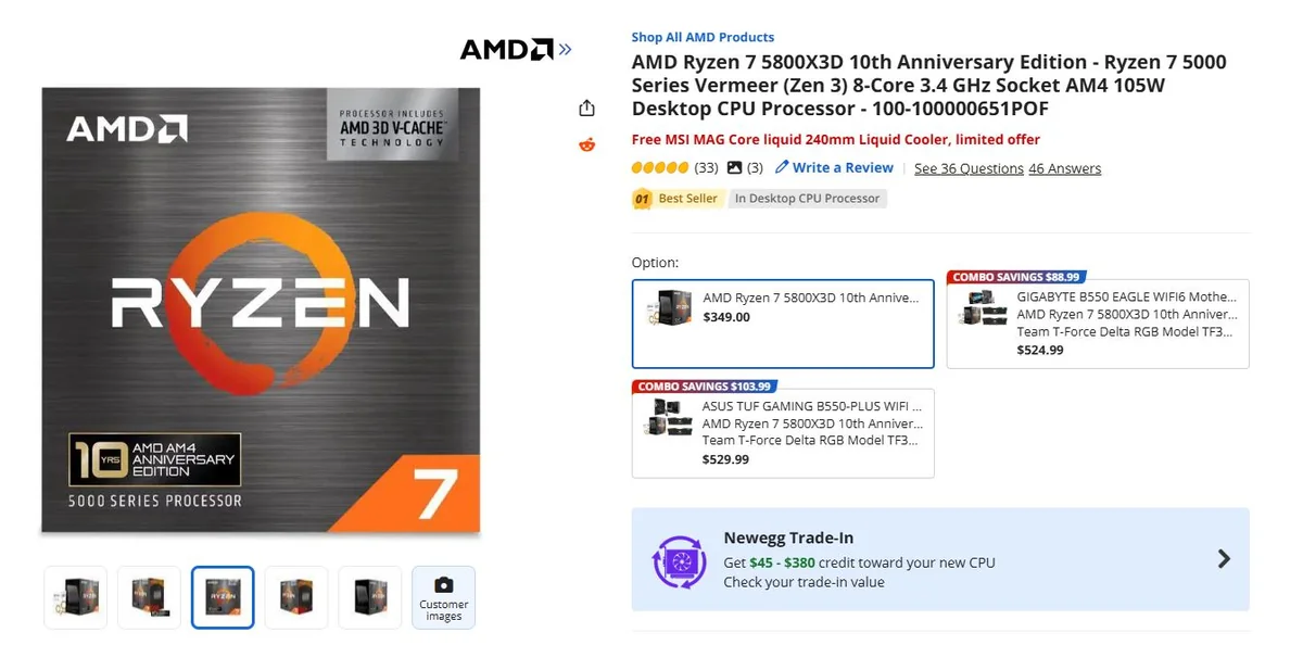 The image shows the AMD Ryzen 7 5800X3D 10th Anniversary Edition CPU packaging, featuring 'AMD 3D V-Cache Technology' and a price of $349.00 on a product listing page.
