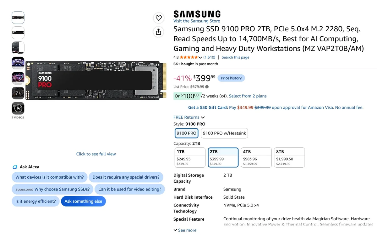 A Samsung SSD 9100 PRO 2TB with PCIe 5.0x4 M.2 2280 interface is displayed with a price of $399.99, featuring a sequential read speed up to 14,700MB/s, suitable for AI computing and heavy-duty workstations.