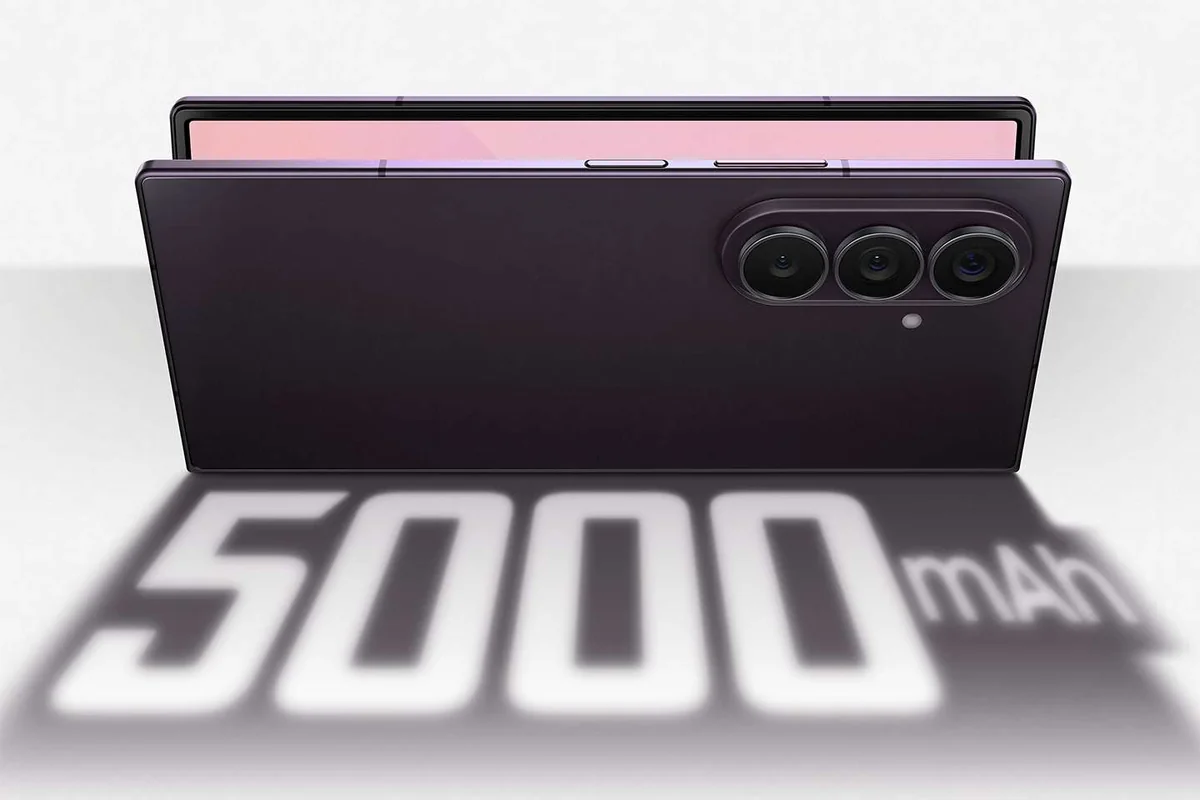A Samsung Galaxy Z Fold 5 displaying its rear camera module, with '5000 mAh' in large text below.
