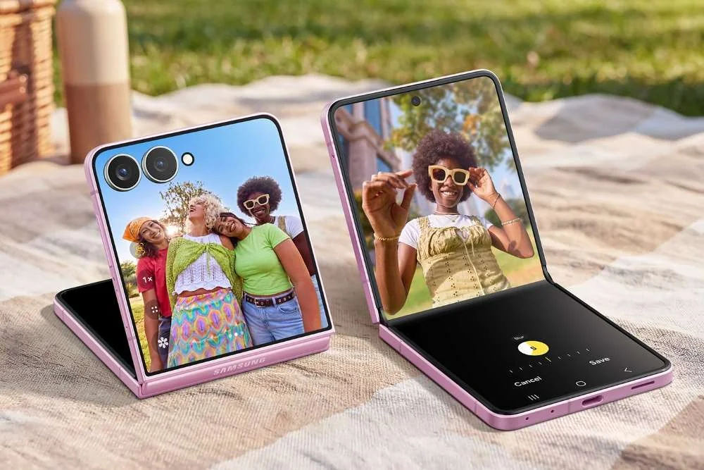 Samsung Galaxy Z Flip5 in lavender color, featuring its dual rear cameras and external cover screen displaying a group photo, alongside its main screen showing a selfie with photo editing tools.