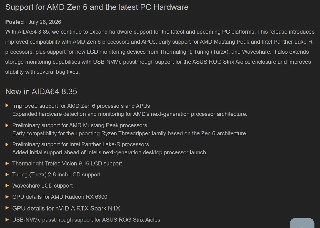 A screenshot displays the release notes for AIDA64 version 8.35, highlighting 'support for AMD Zen 6 and the latest PC hardware' and listing features like preliminary support for AMD Mustang Peak processors and Intel Panther Lake-R processors.