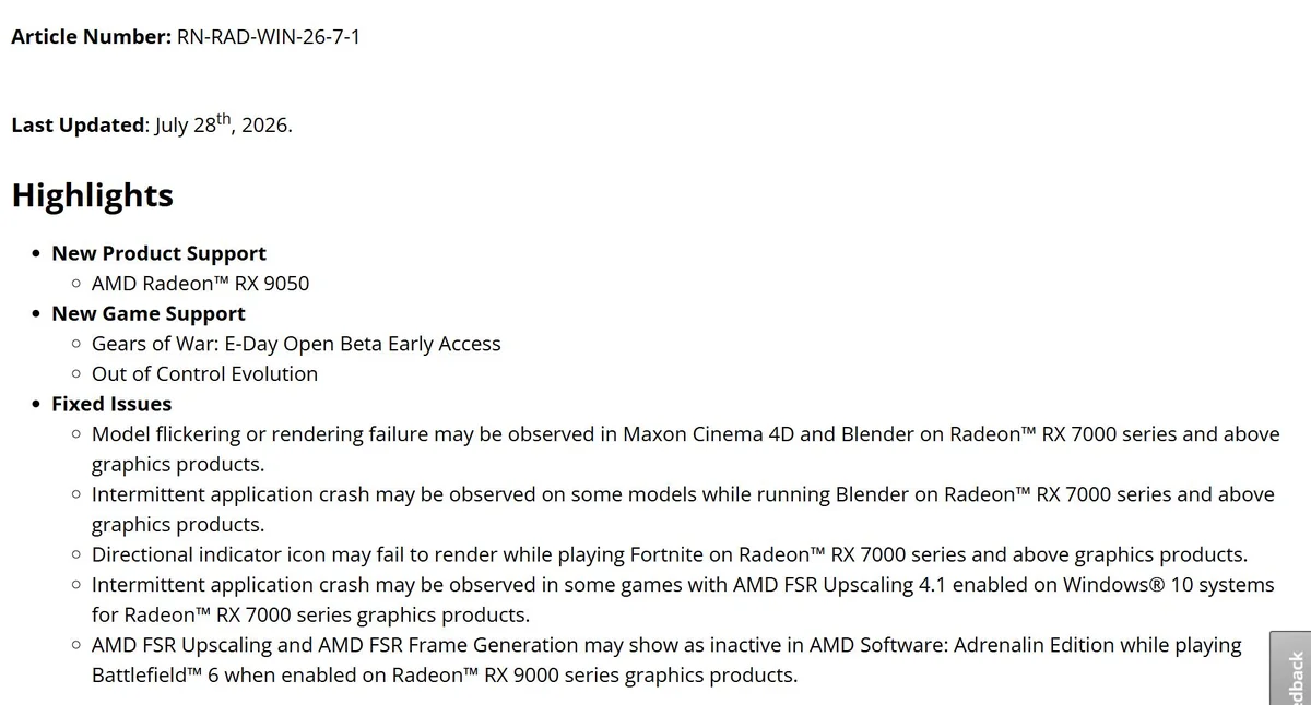 The image shows a list of highlights from a software update document for AMD Radeon, including 'New Product Support' for the AMD Radeon RX 9050, 'New Game Support' for 'Gears of War: E-Day Open Beta Early Access' and 'Out of Control Evolution,' and details resolving issues related to Radeon RX 7000 and RX 9000 series graphics products.