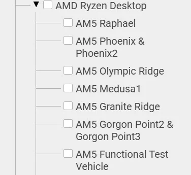 A list labeled 'AMD Ryzen Desktop' shows checked options including 'AM5 Raphael,' 'AM5 Phoenix & Phoenix2,' 'AM5 Olympic Ridge,' 'AM5 Medusa1,' 'AM5 Granite Ridge,' 'AM5 Gorgon Point2 & Gorgon Point3,' and 'AM5 Functional Test Vehicle.'