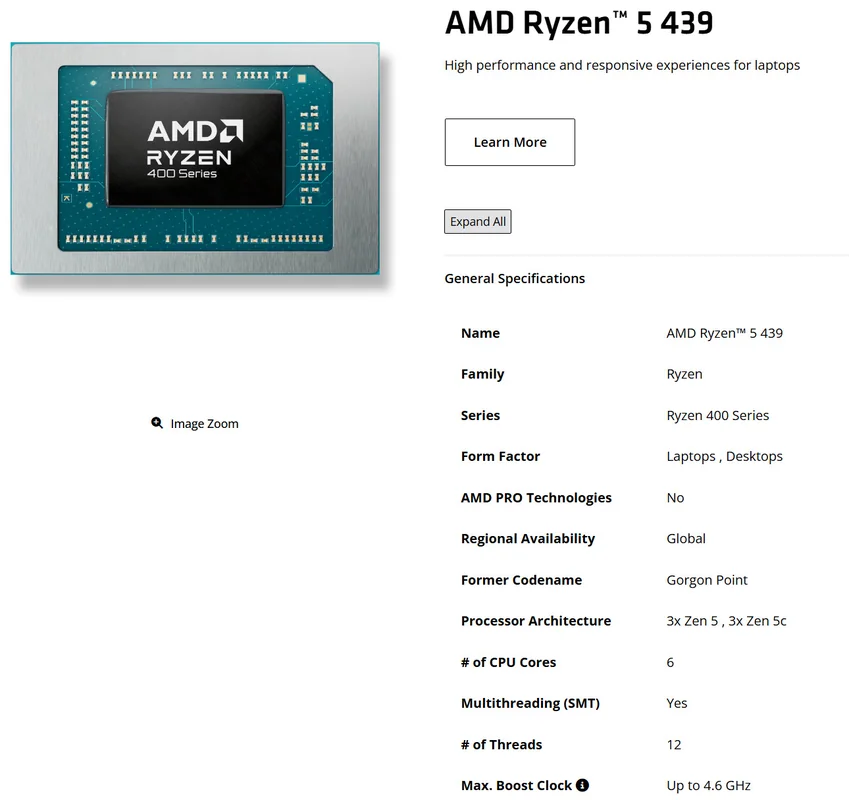 The image shows the AMD Ryzen 5 439 processor specification sheet, highlighting details such as 6 CPU cores, 12 threads, and a maximum boost clock of up to 4.6 GHz.